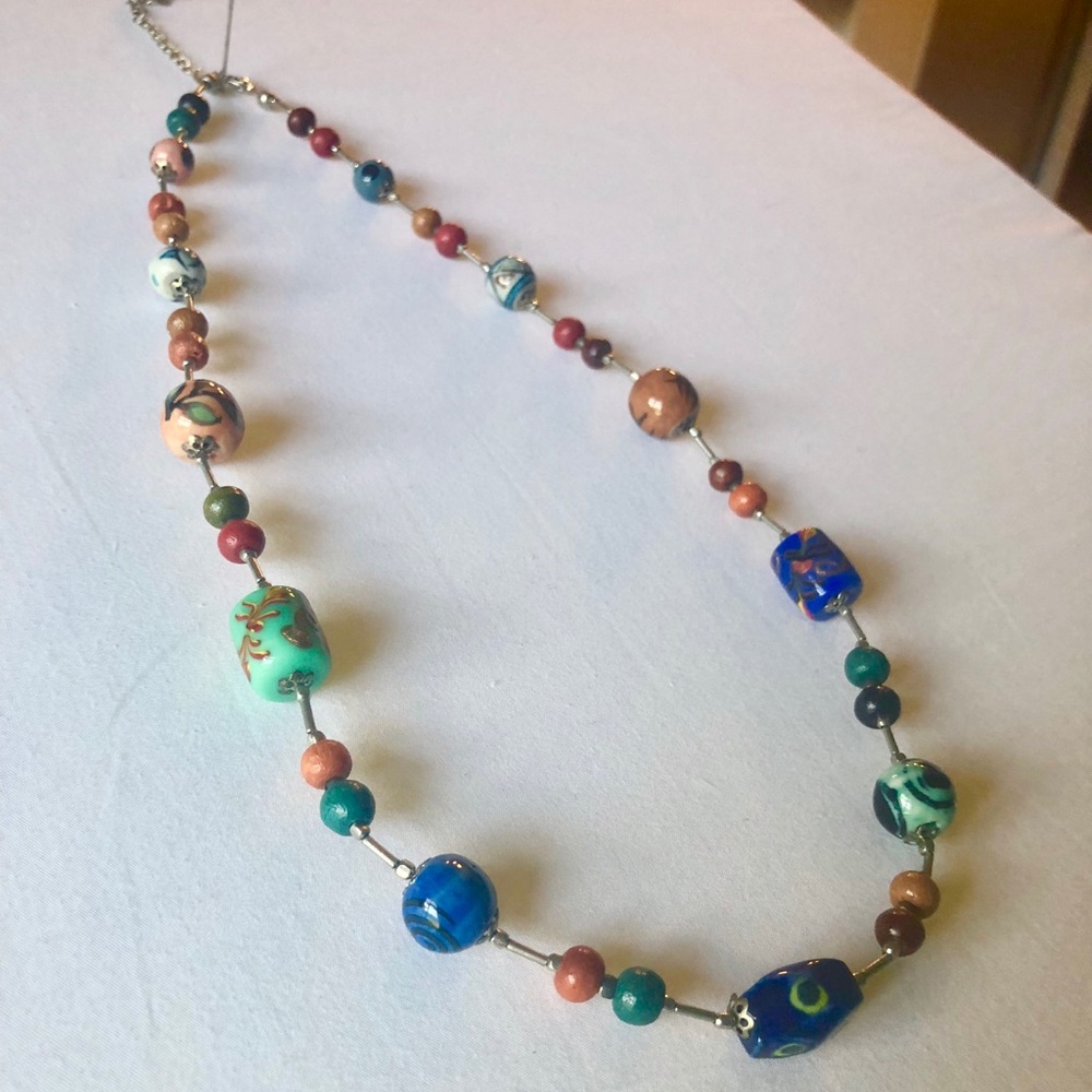 Boho hand painted glass and wood beaded necklace